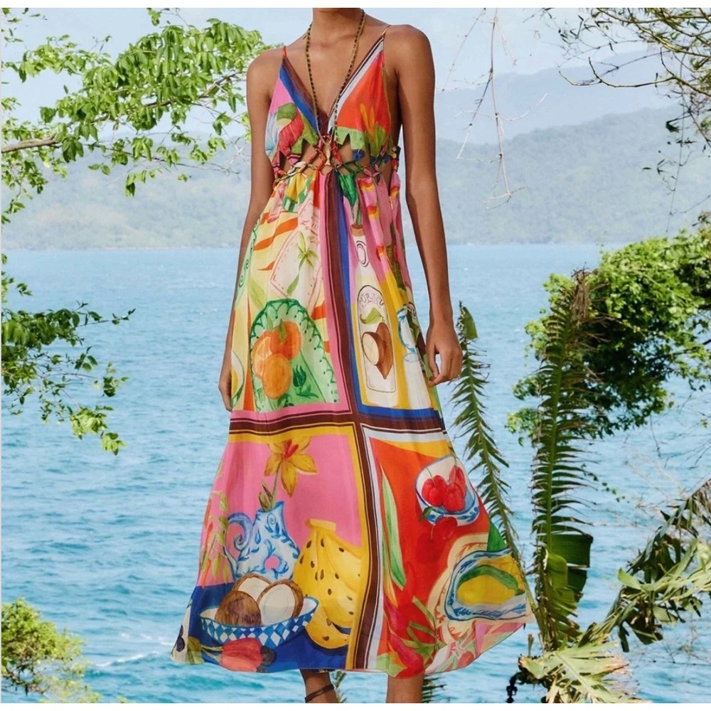 NWT FARM Rio Summer Picnic Macrame Yoke Maxi Dress M Tropical Boho - Picture 12 of 16